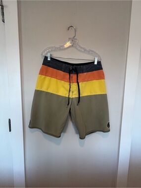 VNTG. Quiksilver Olive Board Shorts with Yellow & Orange Colorblock